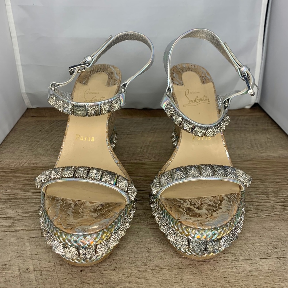 **RARE** Christian Louboutin Silver Pira Ryad 110 Iridescent Studded Platform